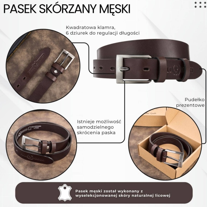 Pasek męski skórzany premium z klasyczną klamrą elegancki ciemnobrązowy 110 cm Paolo Peruzzi PG-09-DBR-110