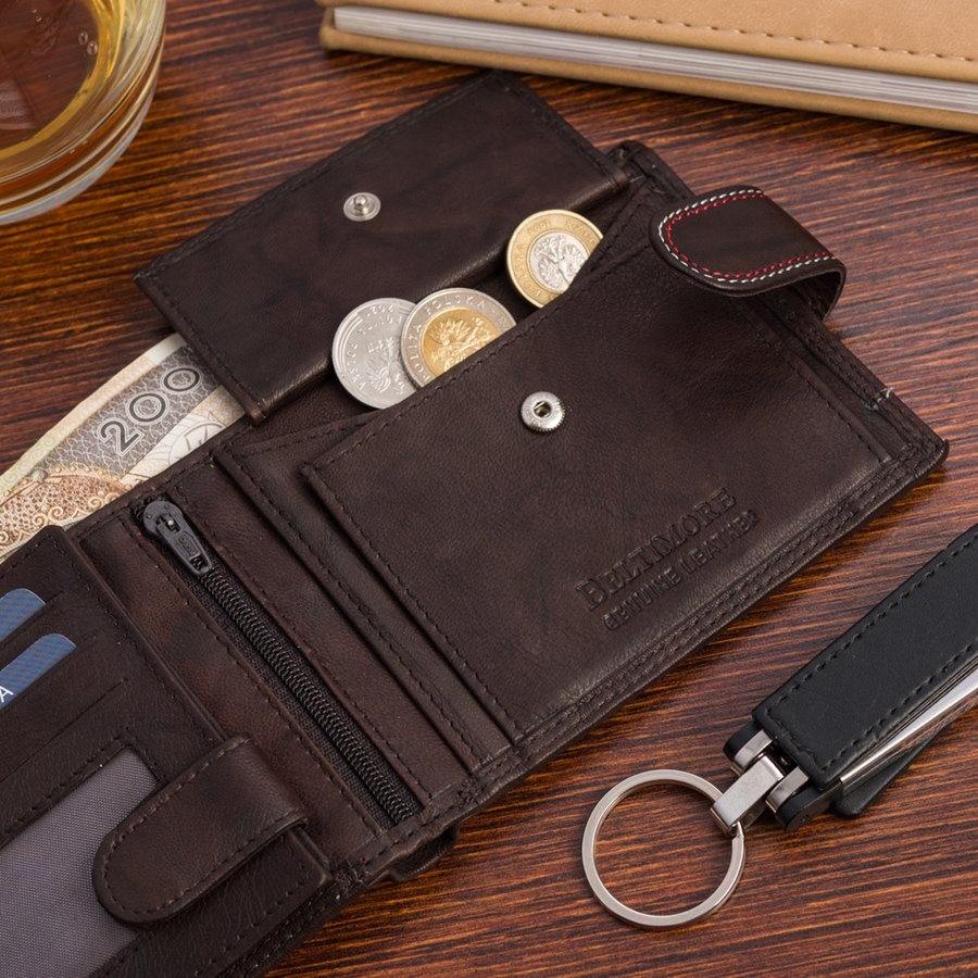 Portfel skórzany męski klasyczny poziomy z flagą brązowy RFiD Beltimore D27