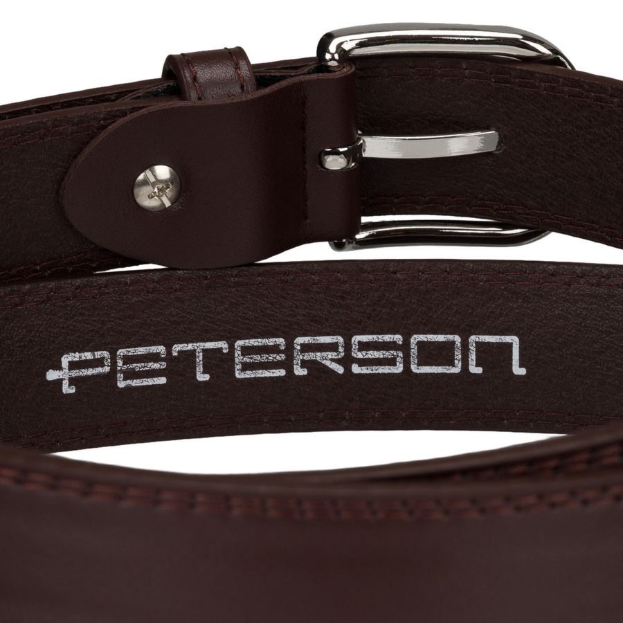 Wąski pasek damski ze skóry ekologicznej w brązowym kolorze z klasyczną, srebrną klamrą - Peterson