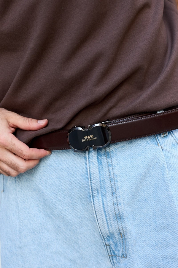 Pasek męski skórzany do spodni casual garnituru automat brązowy Beltimore A39 : Kolory - brązowy, beżowy, Rozmiar pasków - r.95-110 cm