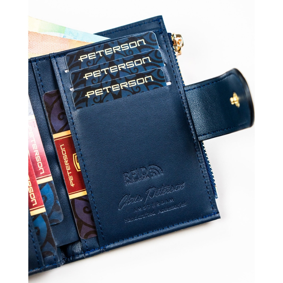 Granatowy portfel damski ze skóry ekologicznej z systemem RFID PTN 012-JK6 Peterson
