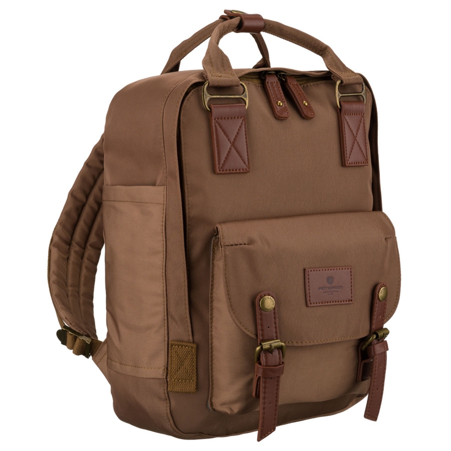 Plecak damski z poliestru i skóry ekologicznej w brązowym kolorze, jednokomorowy - Peterson