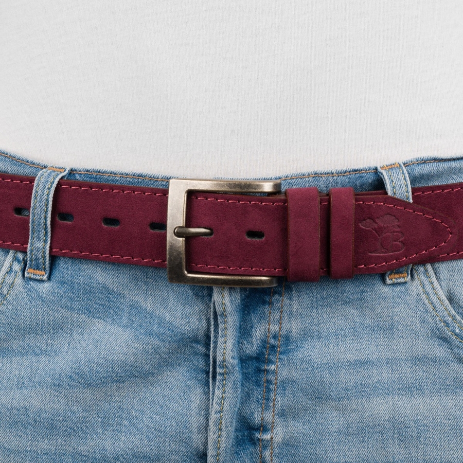 Pasek męski skórzany zamszowy skóra naturalna bordowy Beltimore W45 : Kolory - czerwony, Rozmiar pasków - r.105-120 cm