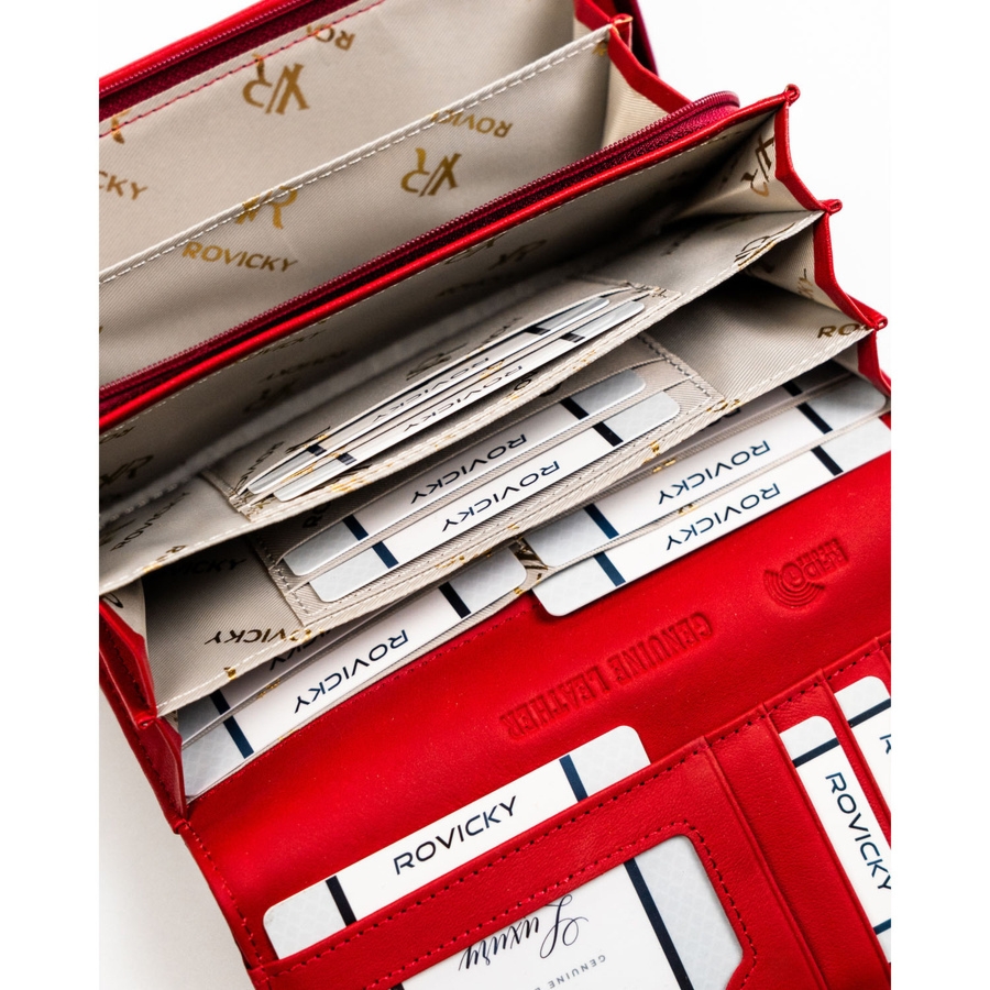 Duży, lakierowany portfel damski ze skóry naturalnej w czerwonym kolorze zamykany na zatrzask RH-20A-1-RS Rovicky
