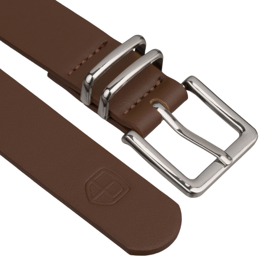 Uniwersalny, wąski pasek damski ze skóry ekologicznej w kolorze khaki ze srebrną klamrą - Peterson