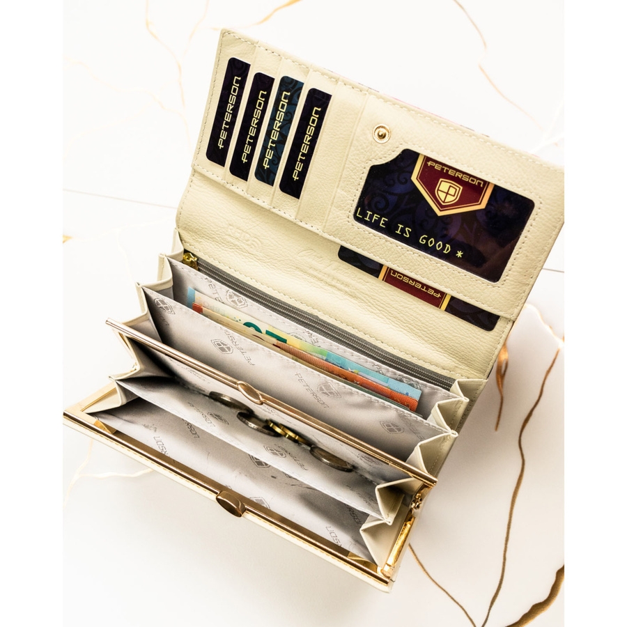 Duży portfel damski w kwiaty wykonany ze skóry naturalnej i ekologicznej z systemem RFID PTN PX24-PF1 Peterson