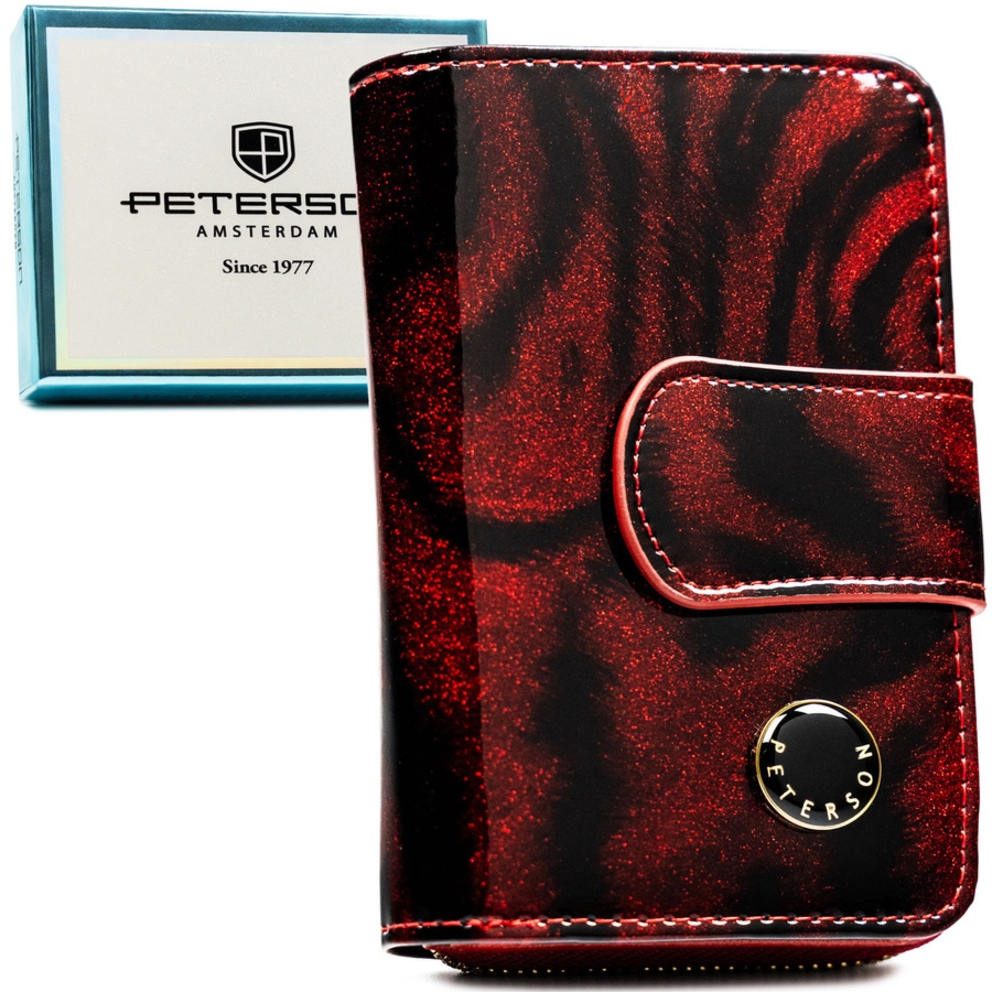 Lakierowany, czerwony portfel damski ze skóry naturalnej i ekologicznej w zwierzęcy wzór PTN PS115-TDS Peterson