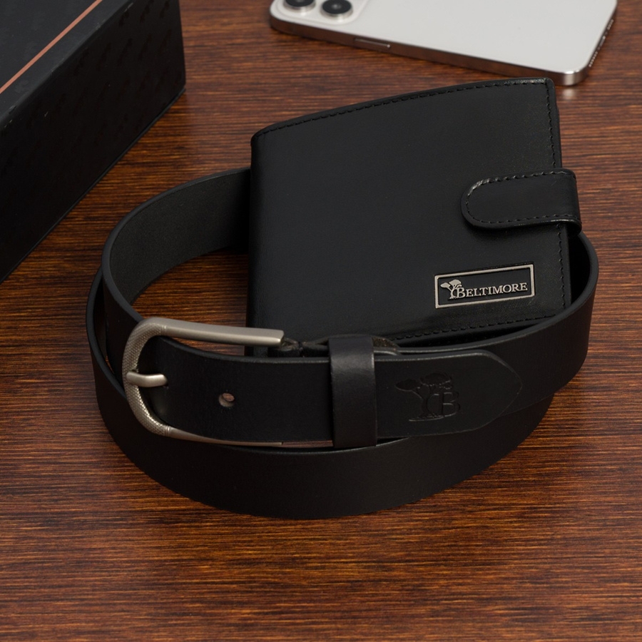 Zestaw prezentowy męski skórzany pasek portfel pudełko premium czarny Beltimore Z27