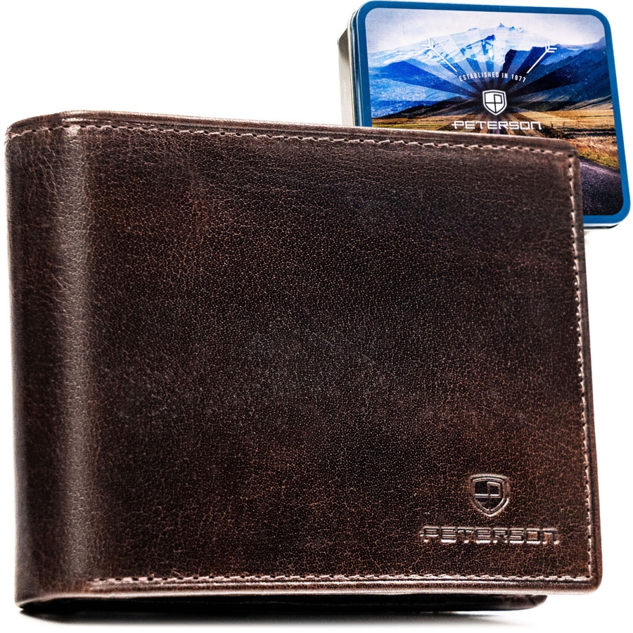 Duży portfel męski ze skóry naturalnej w brązowym kolorze wyposażony w system RFID - Peterson