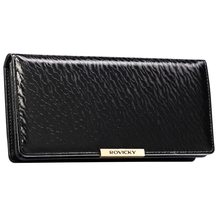 Duży portfel damski ze skóry ekologicznej w czarnym kolorze zamykany na zatrzask - Rovicky
