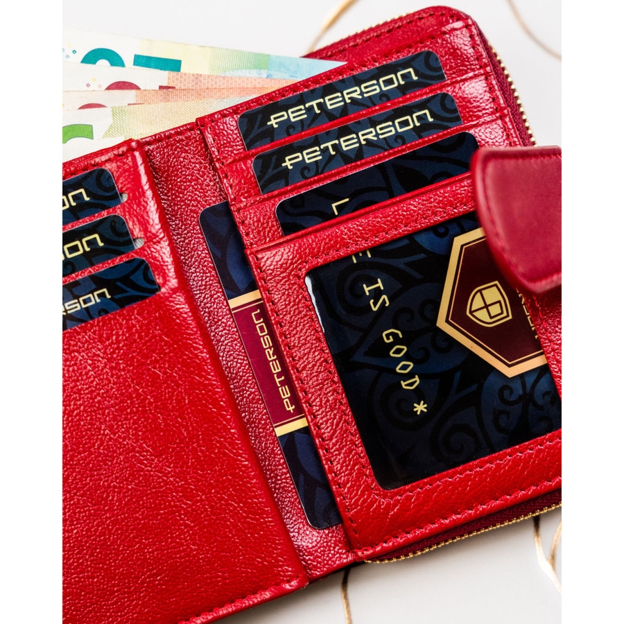 Klasyczny, czerwony portfel damski ze skóry naturalnej i ekologicznej zamykany na suwak i zatrzask PTN PS115-HNL Peterson