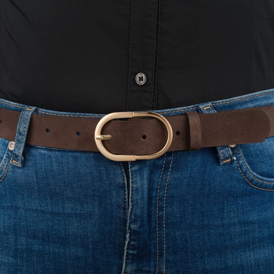 Skórzany pasek damski do spodni sukienki skóra nat. zamszowa 3 cm Beltimore ciemny brąz E59 : Kolory - brązowy, beżowy, Rozmiar pasków - r.115-130 cm