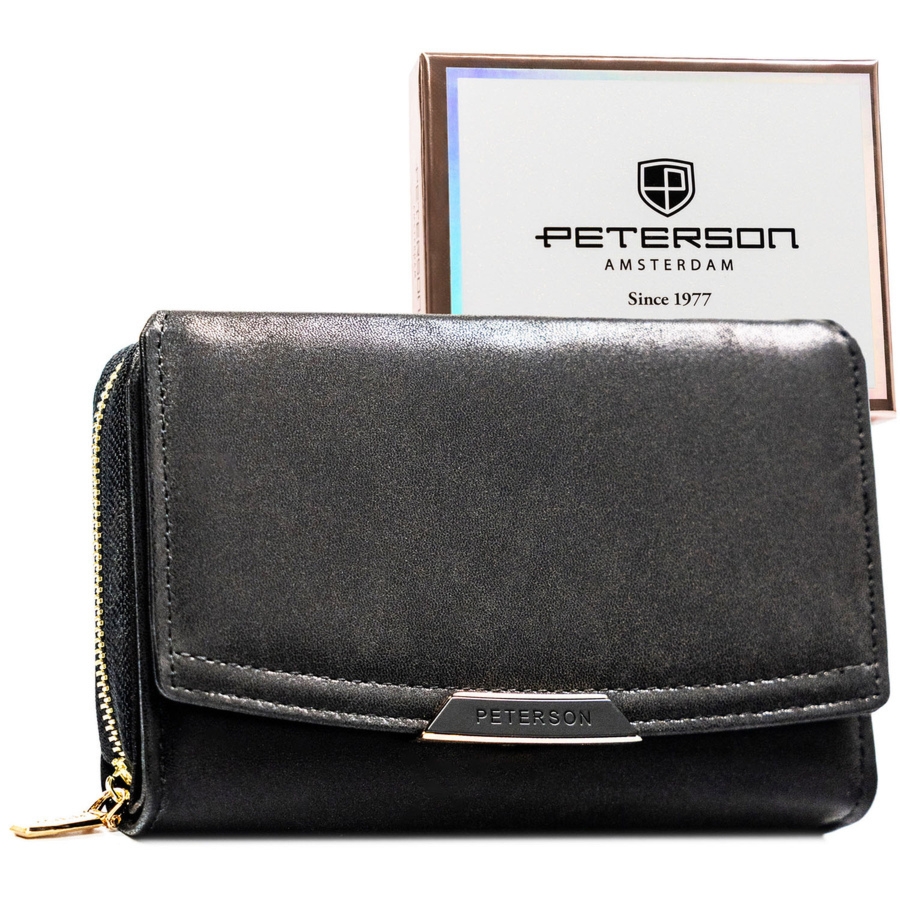 Czarny portfel damski ze skóry ekologicznej zamykany na zatrzask i suwak - Peterson
