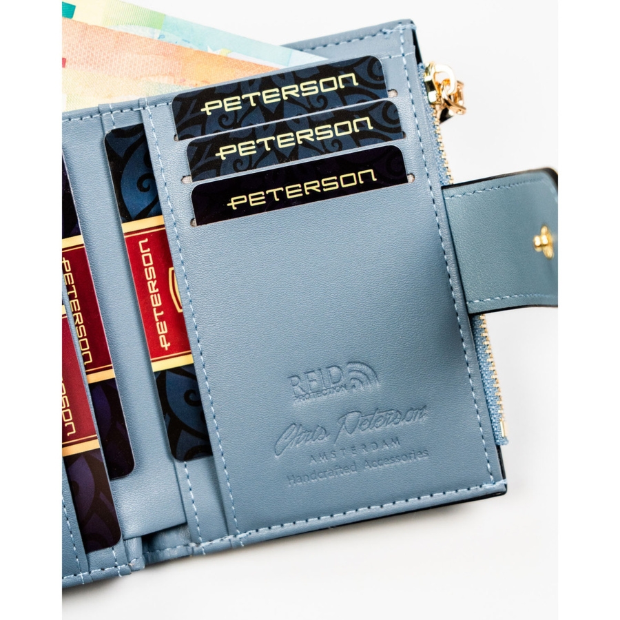 Średni portfel damski ze skóry ekologicznej w niebieskim kolorze, mieści dowód rejestracyjny PTN 012-JK6 Peterson