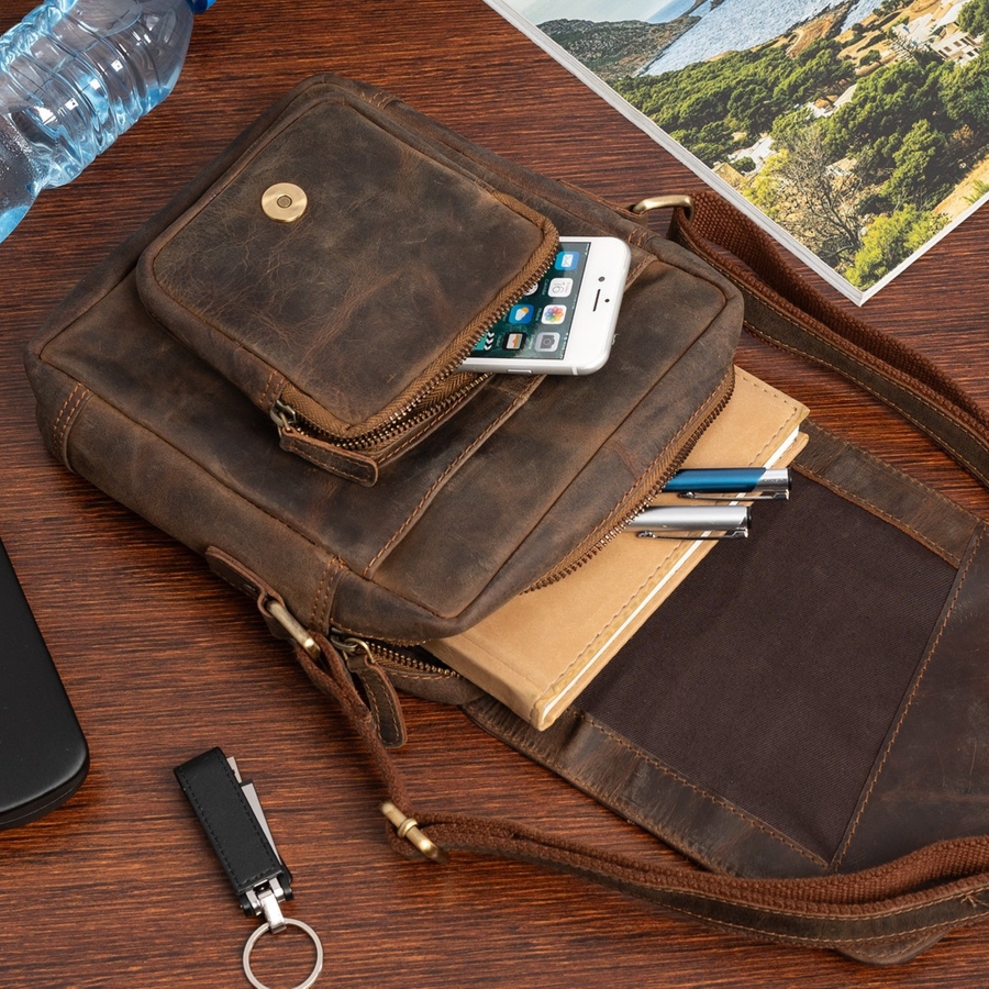 Torba męska skórzana na ramię mała listonoszka brązowa nubuk Beltimore S12