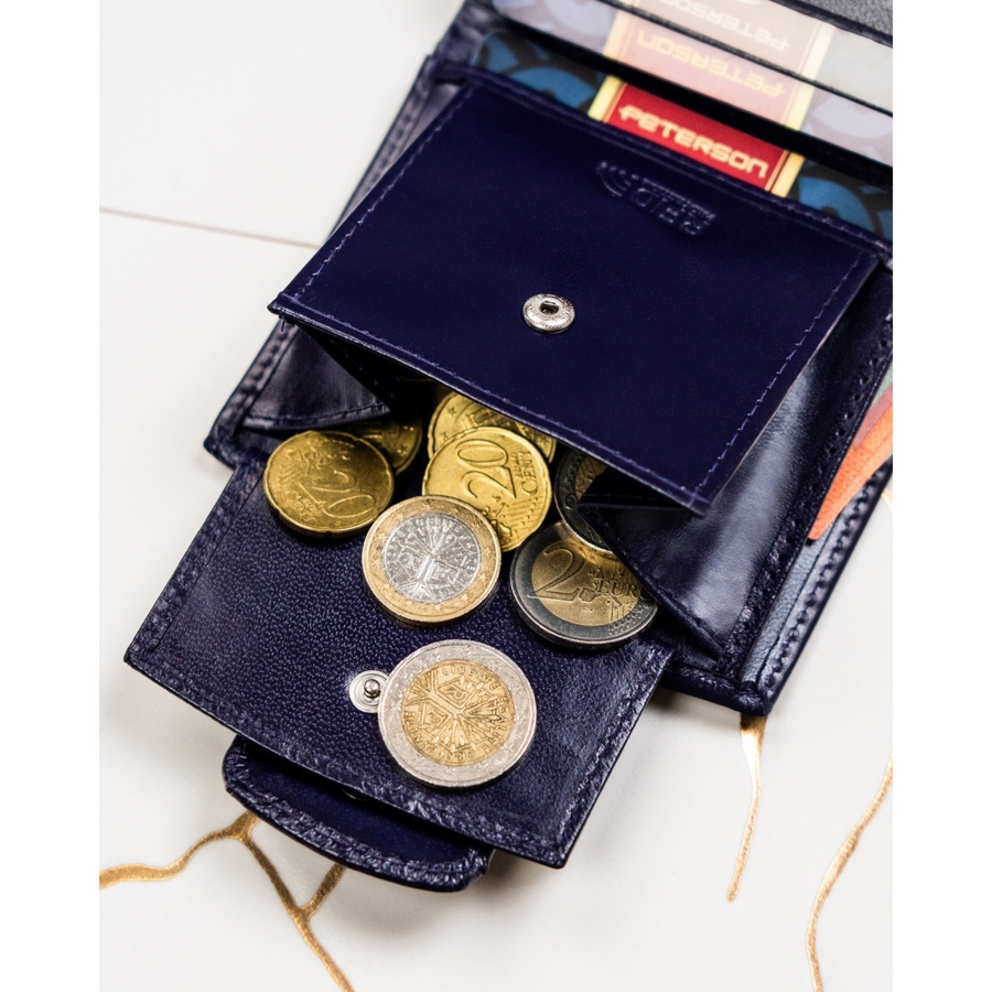 Skórzany, fioletowy portfel damski z systemem RFID, zamykany zatrzaskiem PTN RD-314-NGV-M Peterson