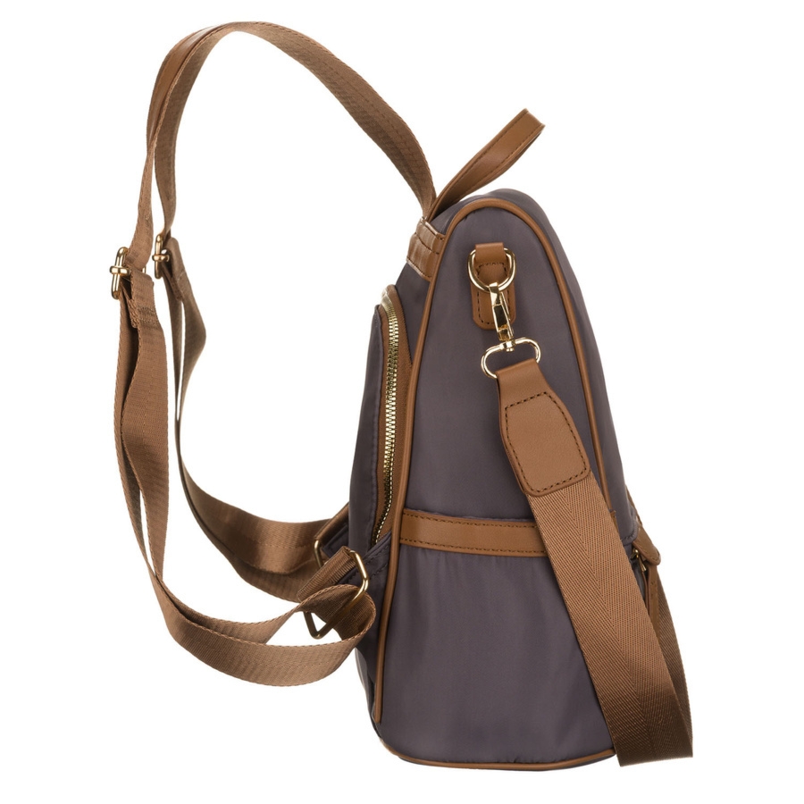 Szary plecak damski z nylonu i skóry ekologicznej z doczepianym paskiem, jednokomorowy - Peterson