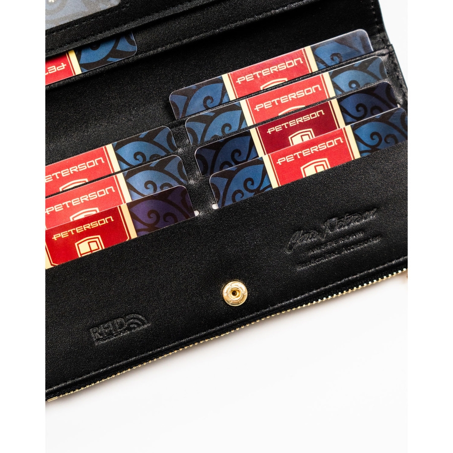 Duży portfel damski ze skóry ekologicznej w czarnym kolorze zamykany suwakiem i zatrzaskiem PTN 004-PU8 Peterson