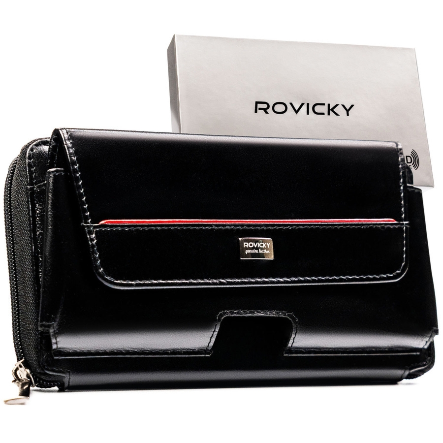 Skórzana, czarna saszetka męska z systemem RFID - Rovicky