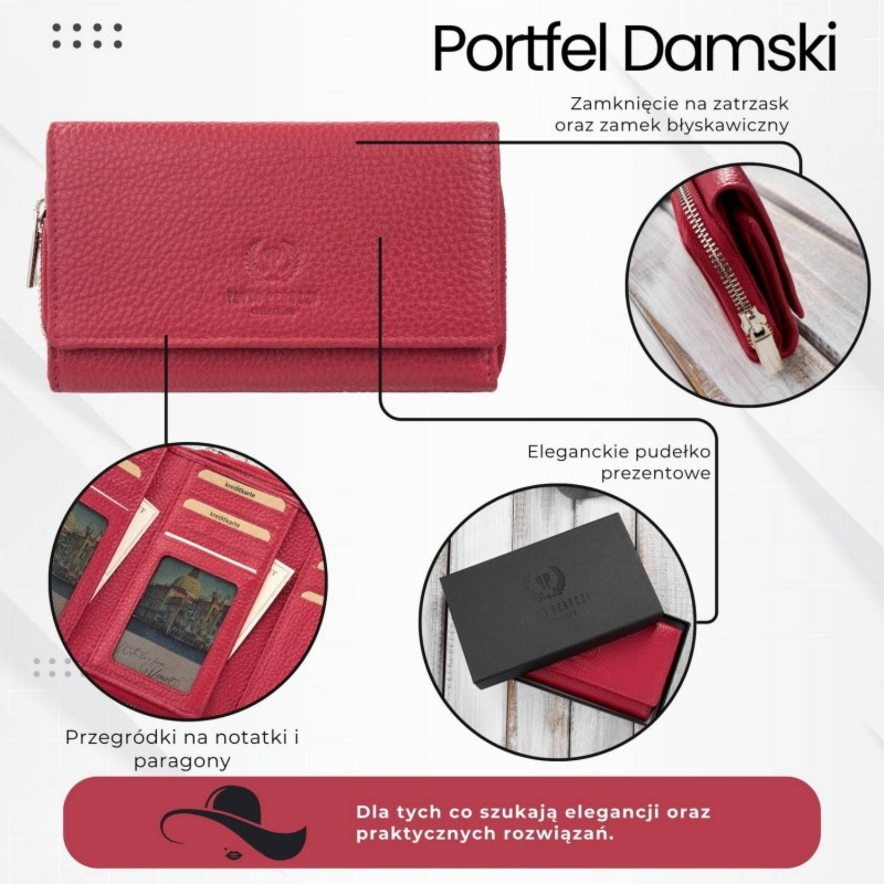 Portfel damski duży czerwony ze skóry naturalnej pojemny Paolo Peruzzi T-138-RD