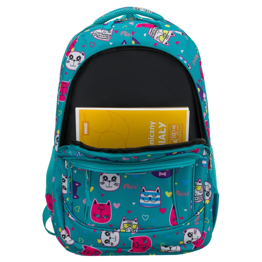 Młodzieżowy plecak szkolny odszyty z poliestru pokryty uroczym wzorem w kotki - Peterson