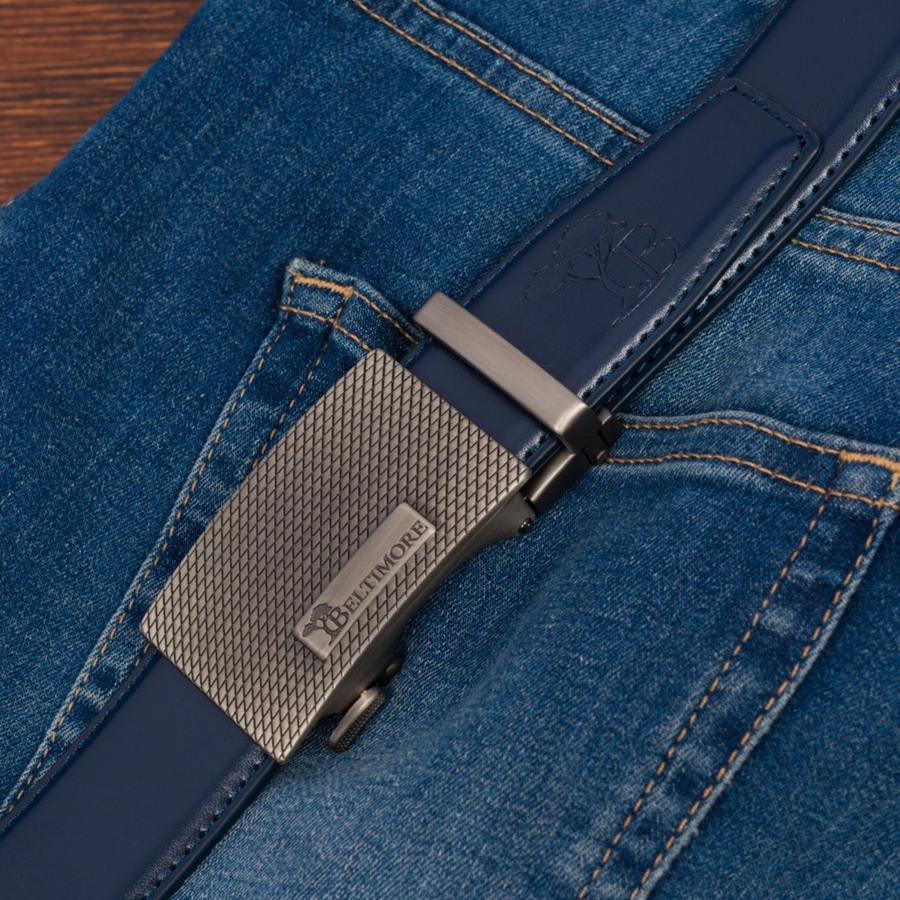 Pasek męski skórzany do spodni casual garnituru automat gładki granatowy Beltimore A52 : Kolory - granatowy, Rozmiar pasków - r.95-110 cm
