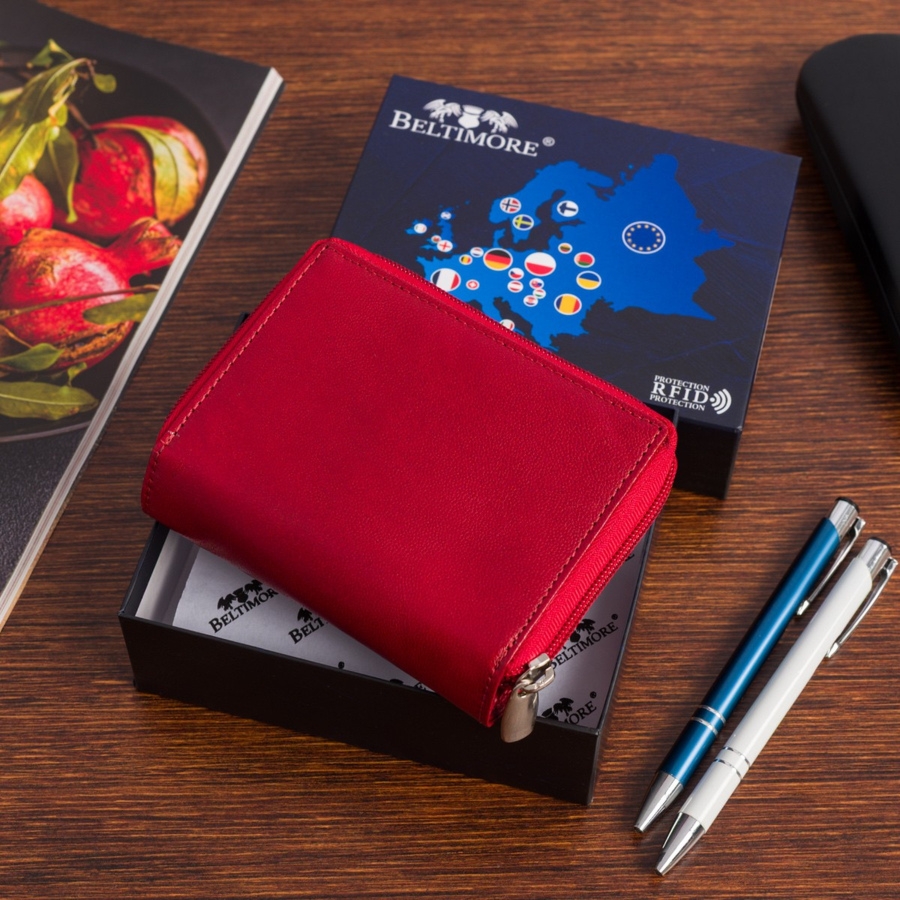 Portfel skórzany damski duży pionowy RFiD skóra klasyk czerwony Beltimore A08