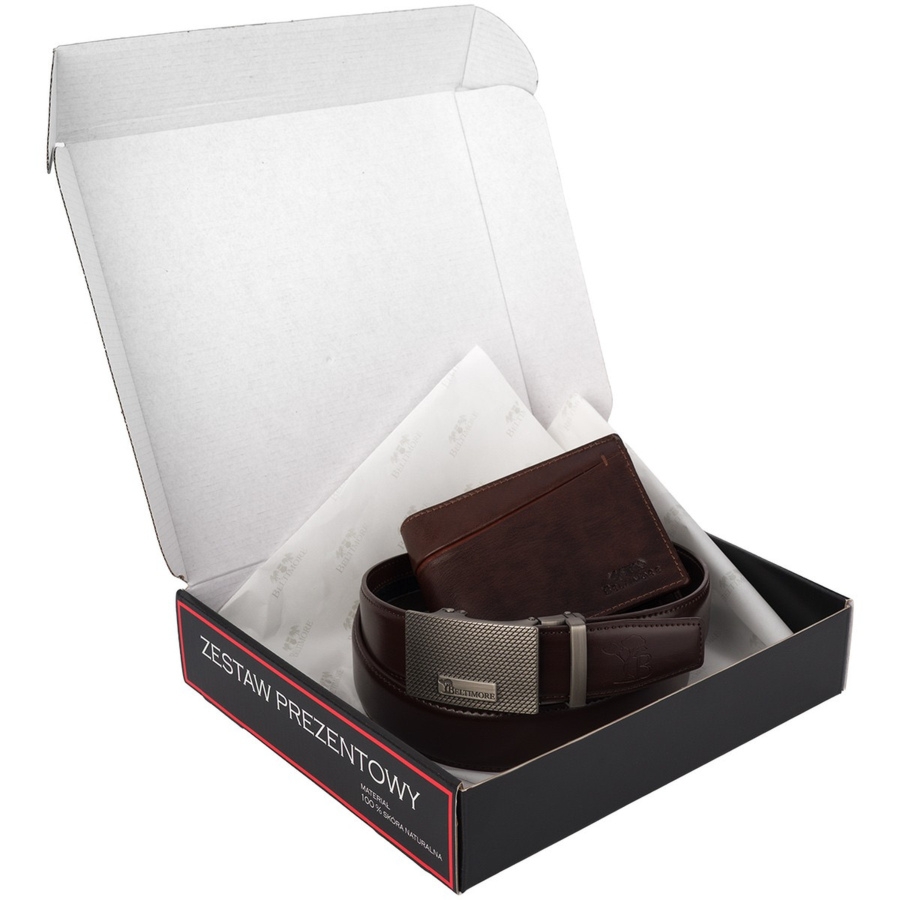 Zestaw prezentowy męski skórzany pasek portfel pudełko premium Beltimore Z53