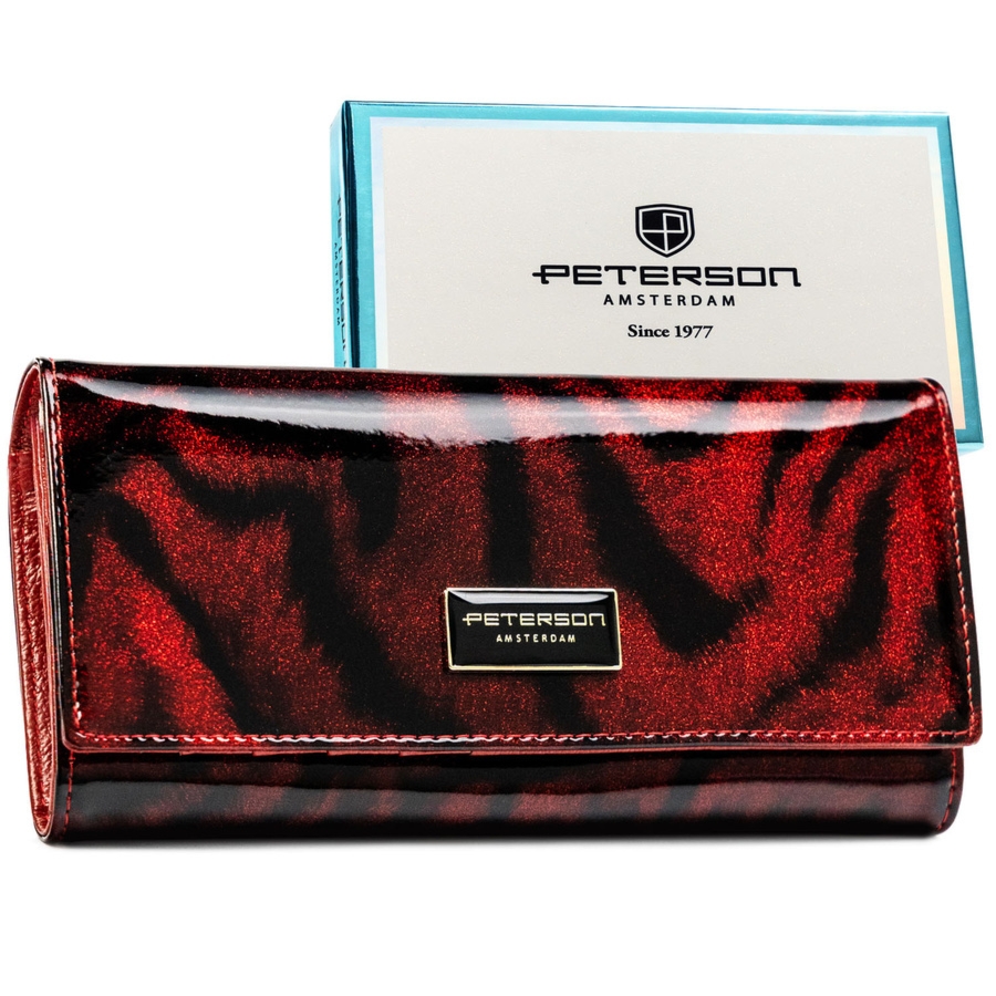 Lakierowany, czerwony portfel damski ze skóry naturalnej i ekologicznej w zwierzęcy wzór PTN PS401-TDS Peterson