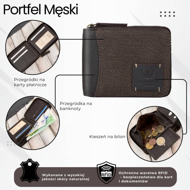 Portfel męski brązowy zapinany na zamek skóra naturalna i bawełniany canvas Paolo Peruzzi AY-07-BR