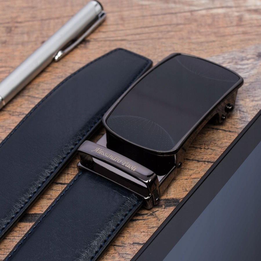 Pasek męski skórzany automat 3,5 szeroki duża metalowa klamra Alessandro AP19 : Kolory - granatowy, Rozmiar pasków - r.115-130 cm