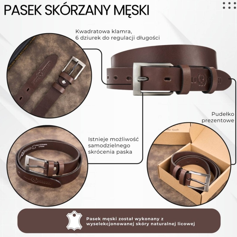 Pasek męski skórzany premium z klasyczną klamrą elegancki brązowy 130 cm Paolo Peruzzi PG-09-BR-130