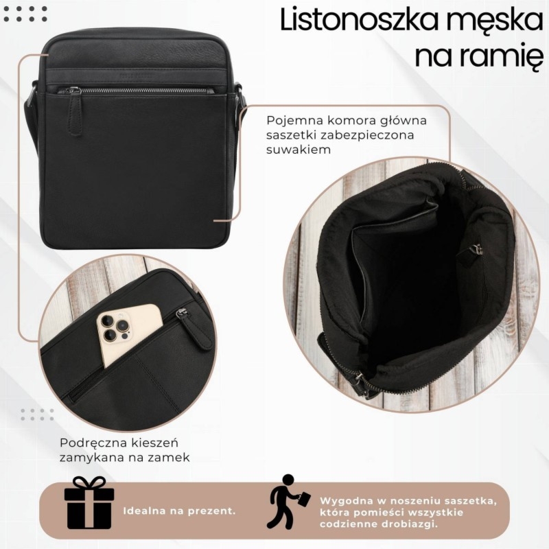 Listonoszka męska skórzana na ramię torba męska w kolorze czarnym Paolo Peruzzi AL-20-BL