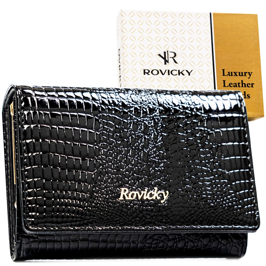 Średni, czarny portfel damski ze skóry naturalnej zamykany zatrzaskiem RH-30-1-RS Rovicky
