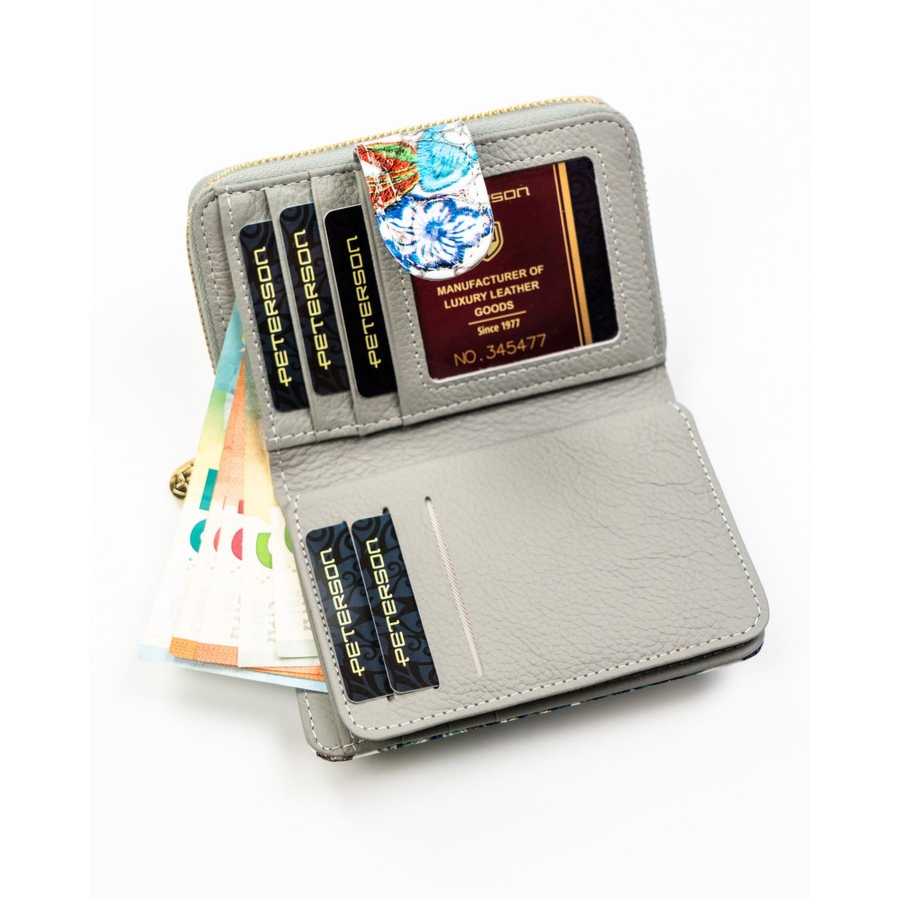 Wielokolorowy, pionowy portfel damski ze skóry naturalnej zamykany zatrzaskiem i suwakiem PTN PH31-LFL Peterson