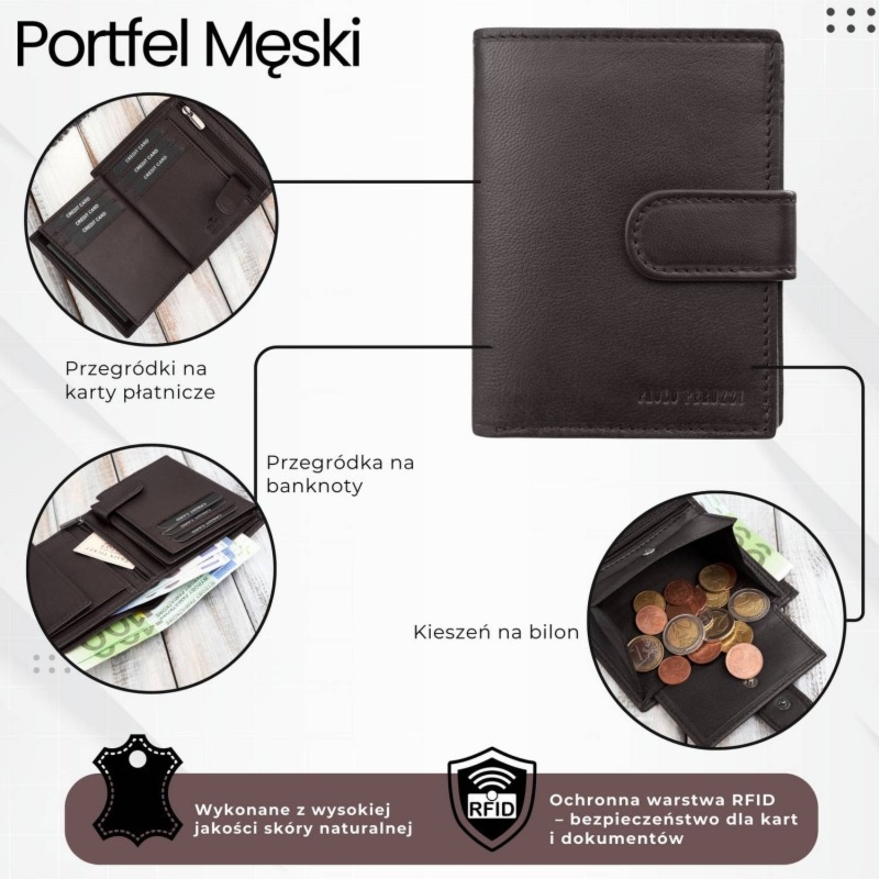 Portfel męski skórzany klasyczny pionowy brązowy z RFID Paolo Peruzzi AL-18-BR