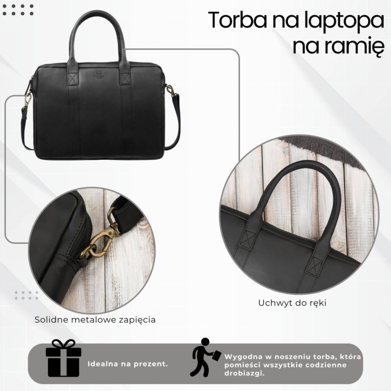 Torba męska na ramię skórzana na dokumenty A4 na laptopa czarna elegancka Paolo Peruzzi IM-05-BL