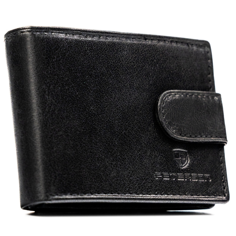 Skórzany, czarny portfel męski zamykany na zatrzask, wyposażony w system RFID - Peterson