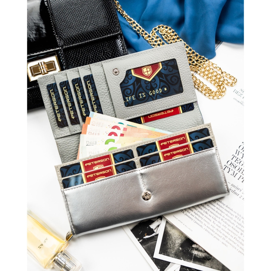 Duży portfel damski odszyty z wielokolorowej skóry naturalnej i ekologicznej, zamykany na zatrzask PTN PX20-1-NPK Peterson