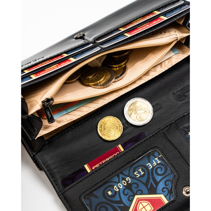 Duży, czarny portfel damski z lakierowanej skóry naturalnej PX24-FO-JMP 4U Cavaldi