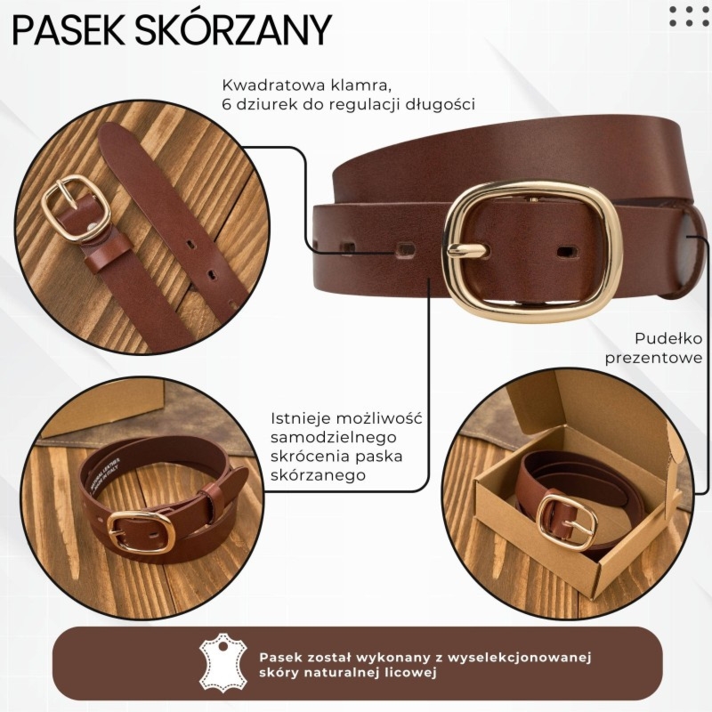 Pasek damski skórzany 110 cm do spodni brązowy licowy ze złotą klamrą PG-15-TBZ-110