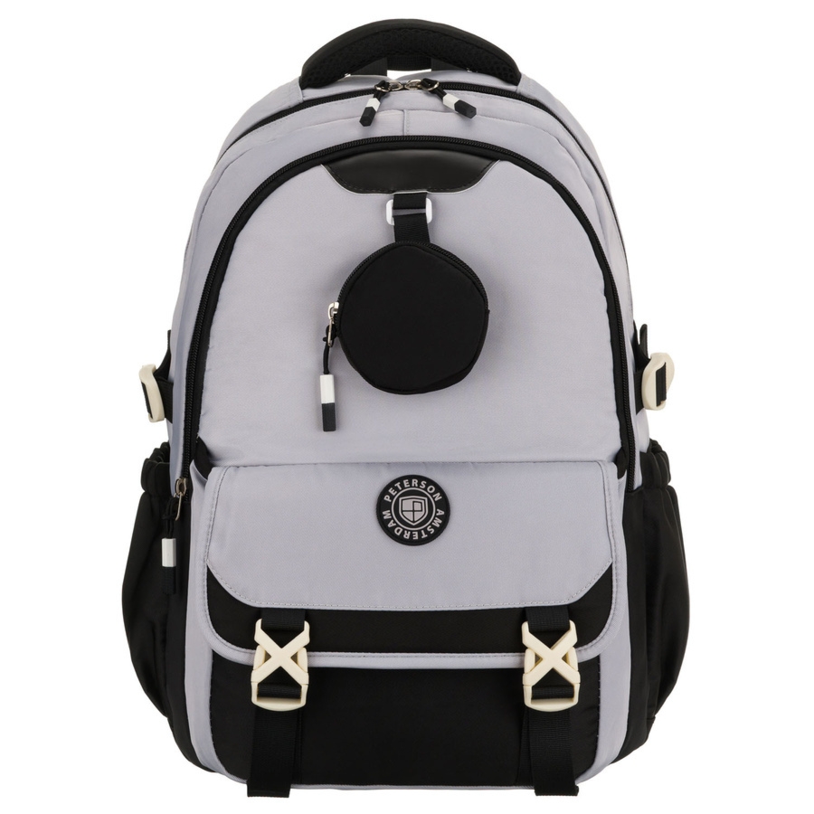 Szaro-czarny plecak szkolny z poliestru z dodatkową saszetką - Peterson