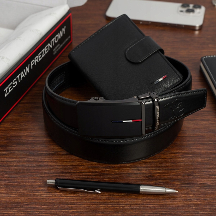 Zestaw prezentowy męski skórzany pasek portfel pudełko premium Beltimore Z50