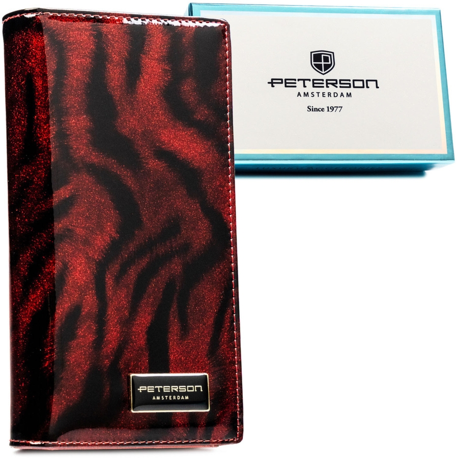 Lakierowany, czerwony portfel damski ze skóry naturalnej i ekologicznej w zwierzęcy wzór PTN PS1431-TDS Peterson