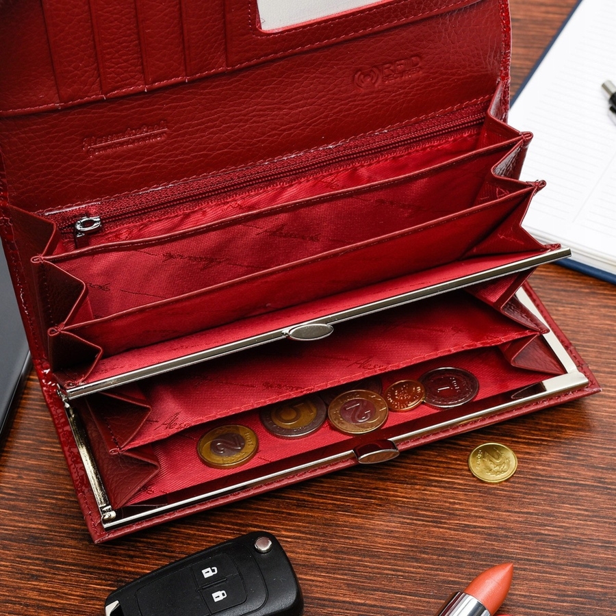 Portfel skórzany damski lakierowany duży na bigiel czerwony RFiD Alessandro