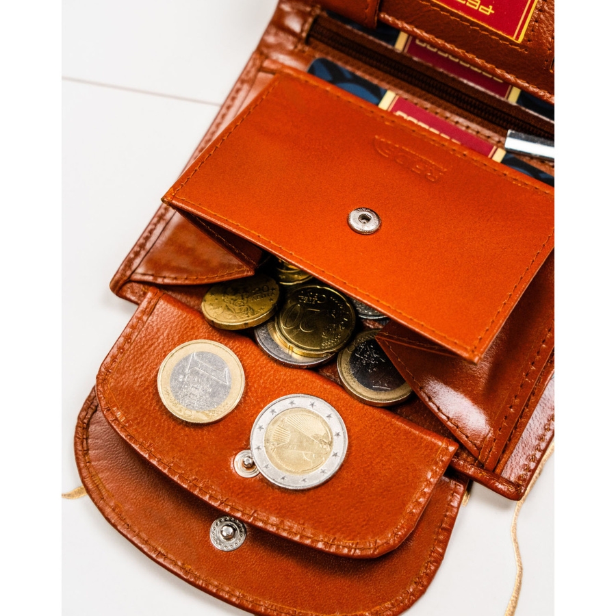 Skórzany portfel damski w brązowym kolorze zamykany zatrzaskiem PTN RD-357-NGV-M Peterson