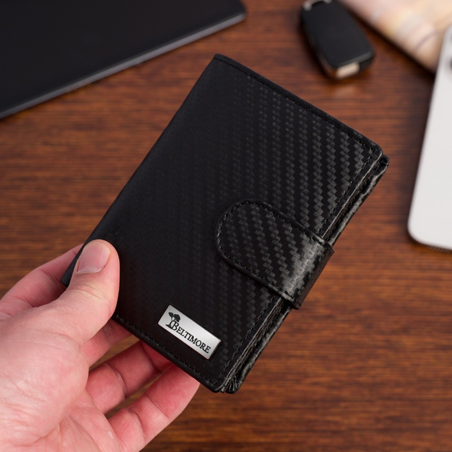Męski portfel skórzany pionowy klasyczny RFiD duży czarny carbon premium Beltimore P04