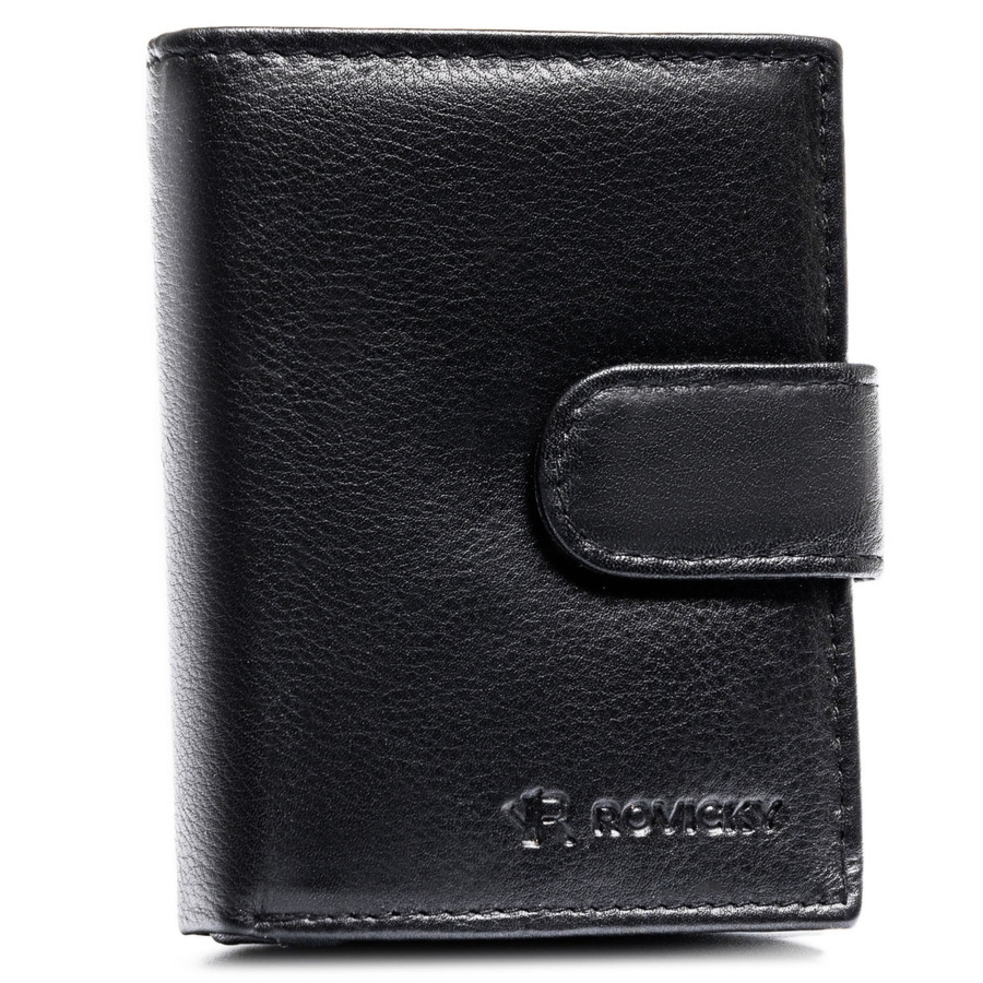 Pionowy portfel męski ze skóry naturalnej w czarnym kolorze zamykany zatrzaskiem - Rovicky