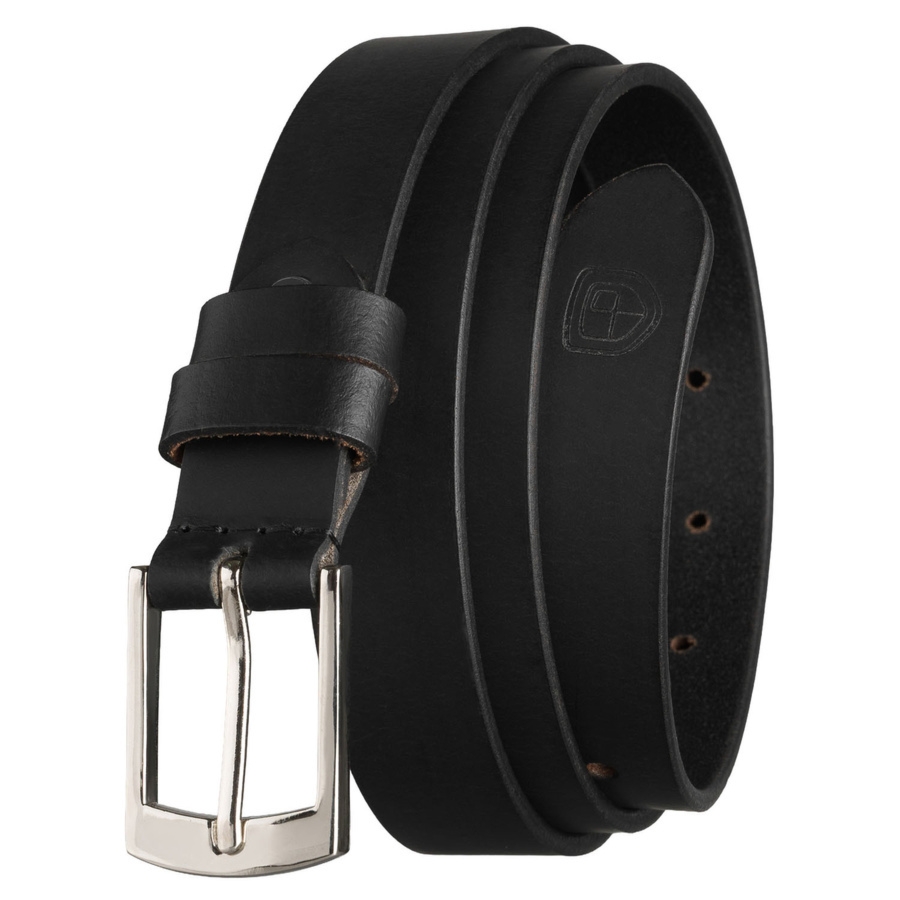 Skórzany, czarny pasek damski ze srebrną, klasyczną klamrą - Peterson