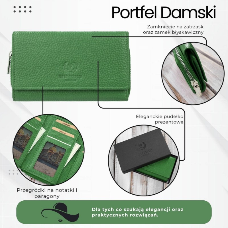Portfel damski duży zielony ze skóry naturalnej pojemny Paolo Peruzzi T-138-GB